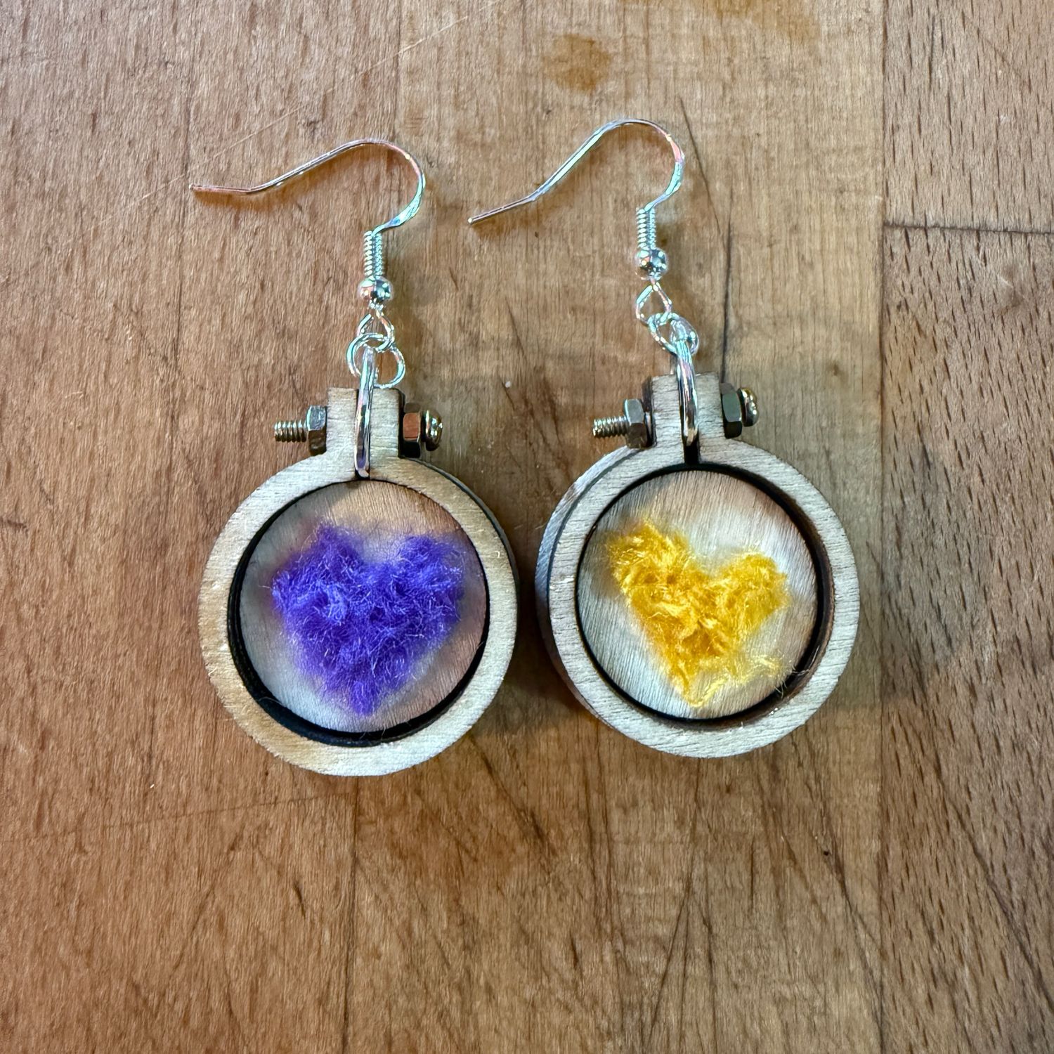 Purple & Gold Hearts Mini Wooden Hoop Earrings - Vikings Skol!