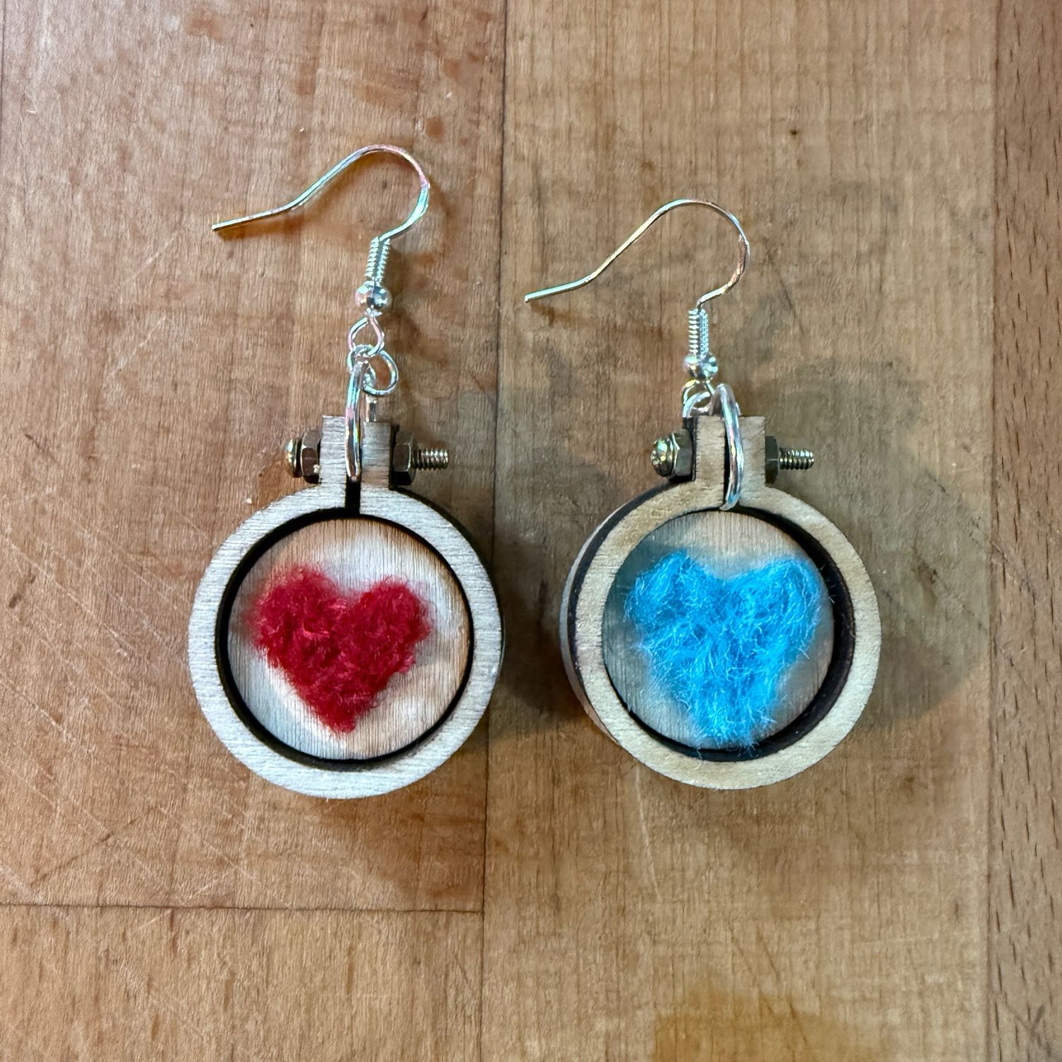 Red & Teal Hearts Mini Wooden Hoop Earrings