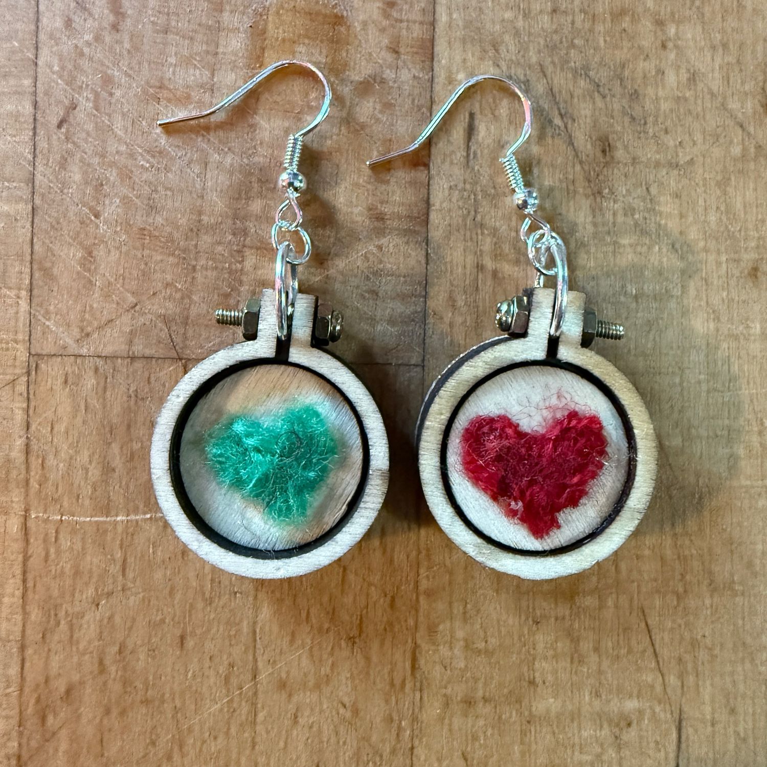 Red & Green Hearts Mini Wooden Hoop Earrings - Christmas