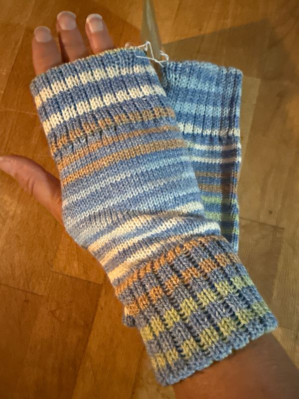 Fingerless Mitts - Fun Denim stripes Blue White Brown - one size