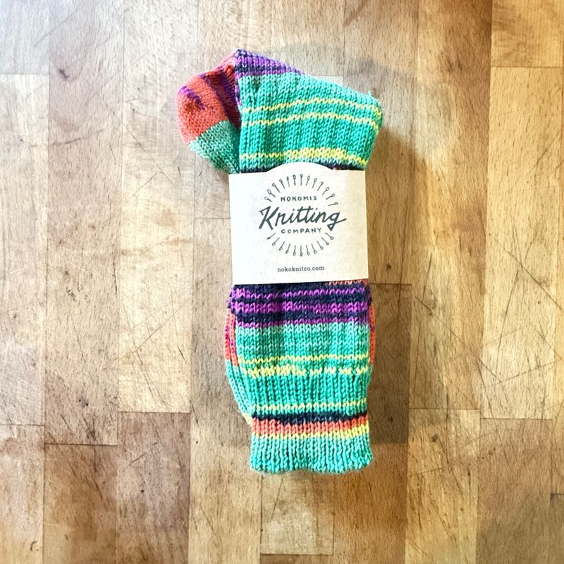Woman's Crew Sock Size 9-10 Neon Green with Pink Yellow Blue Green Orange Stripes Woman's Crew Sock Size 9-10 Neon Green with Pink Yellow Blue Green Orange Stripes