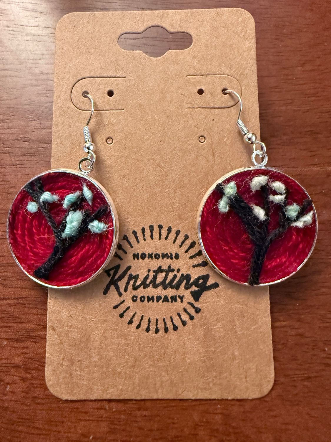 Yarn Tree Earrings - Cool Blue Buds On Deep Red