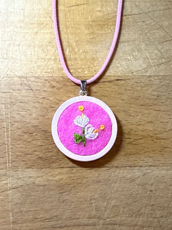 Vibrant Pink Pendant with Spring Flowers on Felt Fiber Necklace