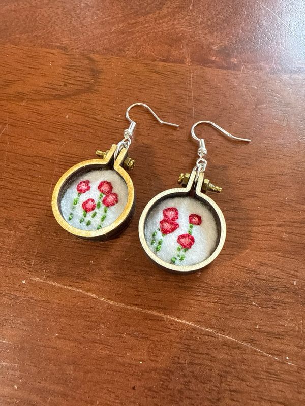 Poppies Hand Stitched Earrings - Mini Wood Hoop