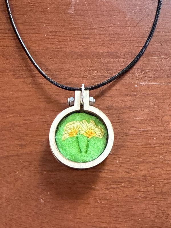 Yellow Orchids On Bright Green - Mini Embroidered Necklace Pendant