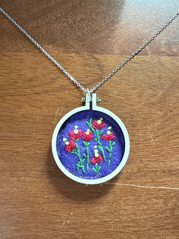 Red Blooming Flower Garden - Mini Embroidered Necklace