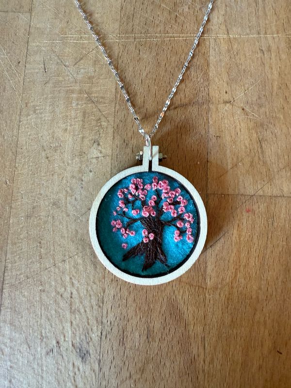 Pink Blooming Tree - Mini Embroidered Necklace