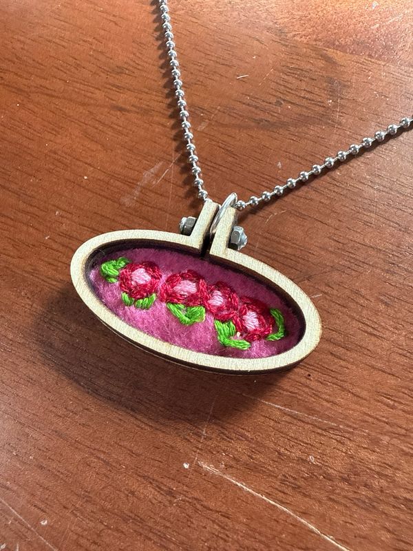 Pink Water Lilies Wood & Thread Necklace - Mini Embroidered Pendant
