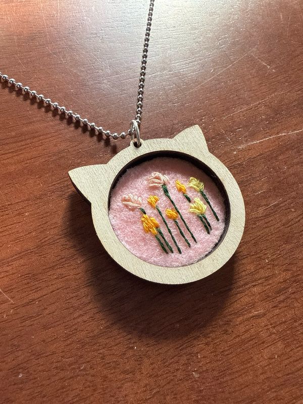 Cat Head With Flowers- Mini Embroidered Necklace - Hand stitched Pendant