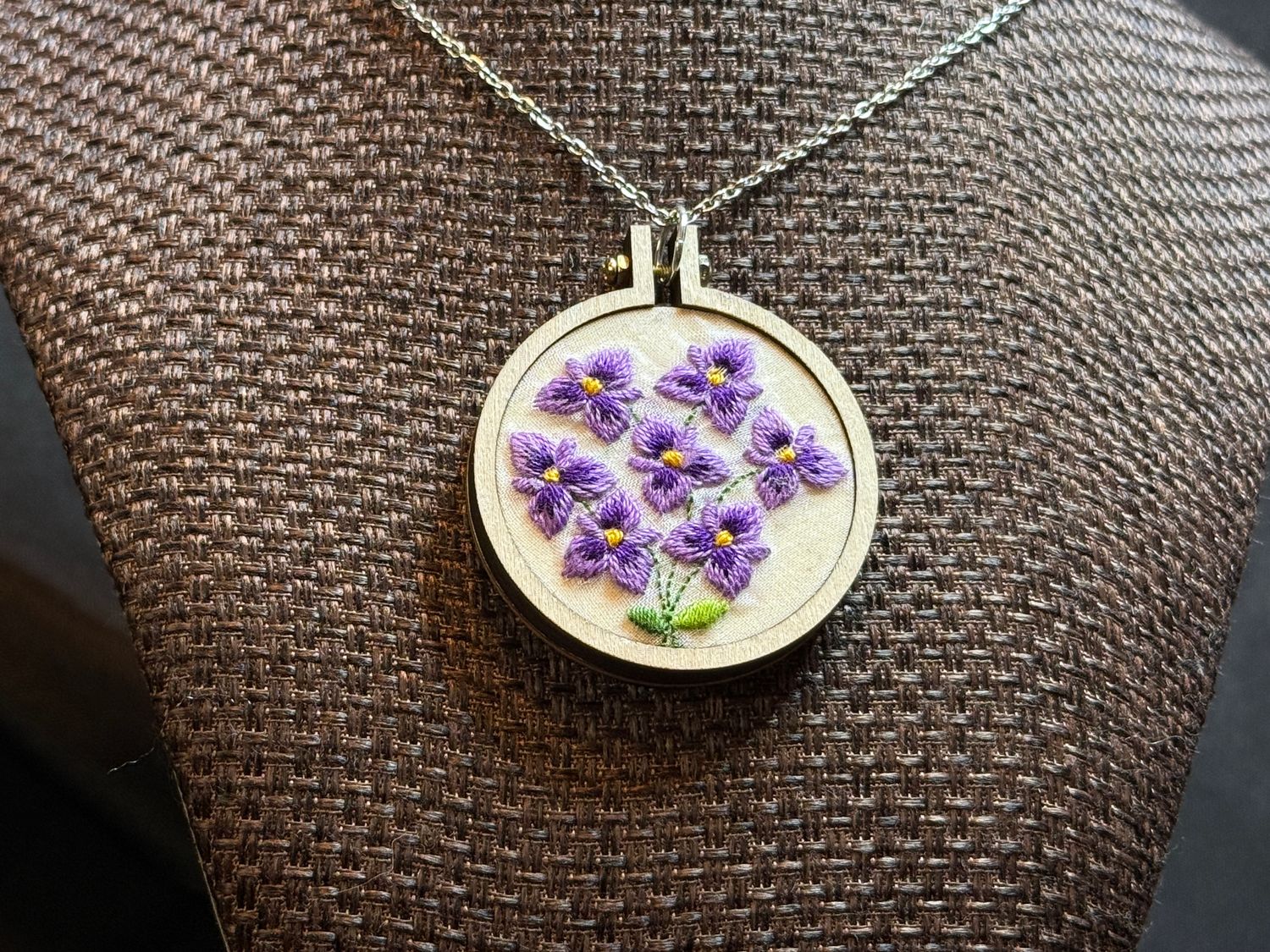 $45.00 In-Person Only - Flowers Wood  Hoop Pendant Necklace