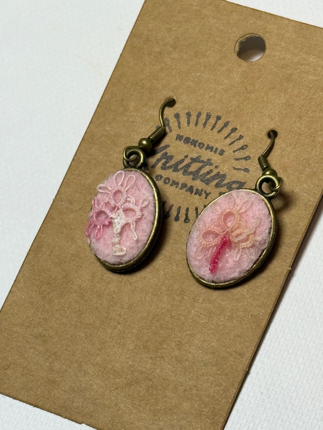 Vintage Lace Flower on Pink Bronze Earrings