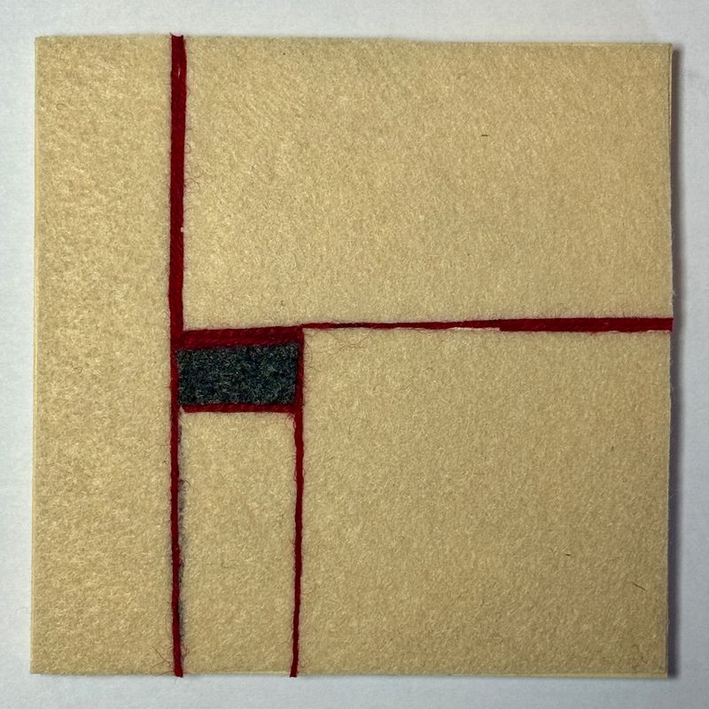 Abstract Ivory Neutral with Red Grid Lines and Charcoal Focal  - Yarn Revival