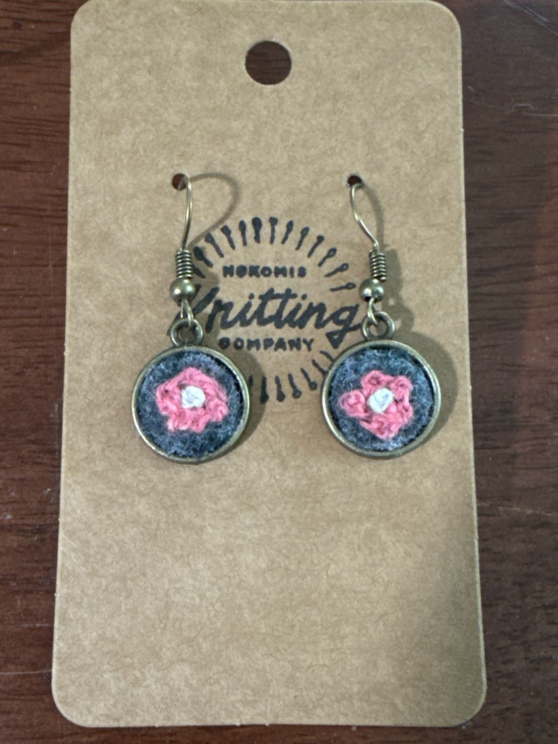 Pink Flower On Gray Felt Bronze Earrings