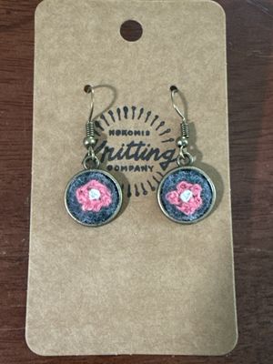 Pink Flower On Gray Felt Bronze Earrings