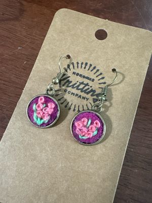 Pink Flower On Pink Felt Bronze Earrings