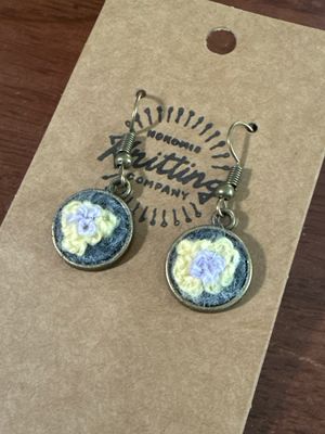 Yellow And Lavender Flower On Gray Felt Bronze Earrings