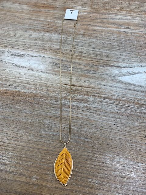 Long Gold Necklace w/ Mustard Leaf