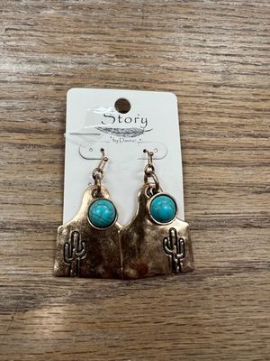 Gold Cow Tag Earrings w/ Cactus &amp; Teal