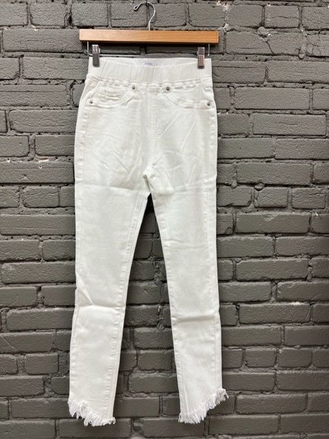 Folly White Elastic Waist Fringe Jeans
