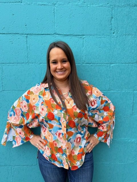 Lorie Orange Floral Ruffle HiLo Top