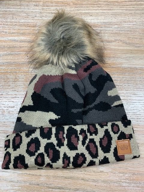 Green Camo Leopard Cuff Pom Beanie