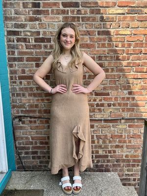 Madeline Beige Textured Ruffle Slit Midi Dress