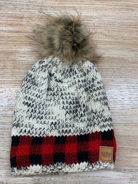 Grey Marble Red Plaid Trim Pom Beanie