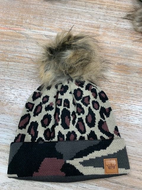 Leopard Camo Cuff Pom Beanie