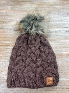 Brown Braided Cable Pom Beanie