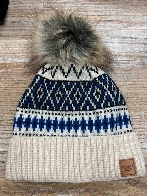 Cream Blue Printed Pom Beanie