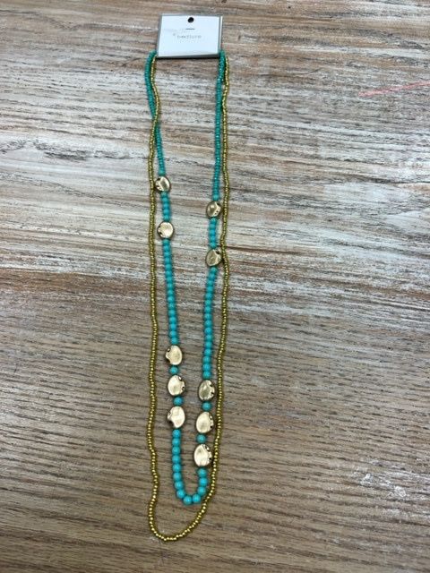 Long Teal Gold Beaded Double Necklace