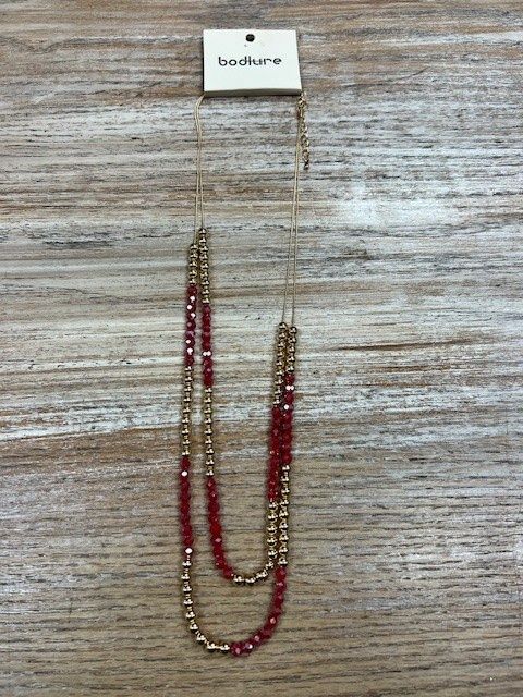 Double Gold Necklace w/ Red Gold Beads
