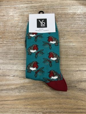 Women's Crew Socks- HolidayRobin