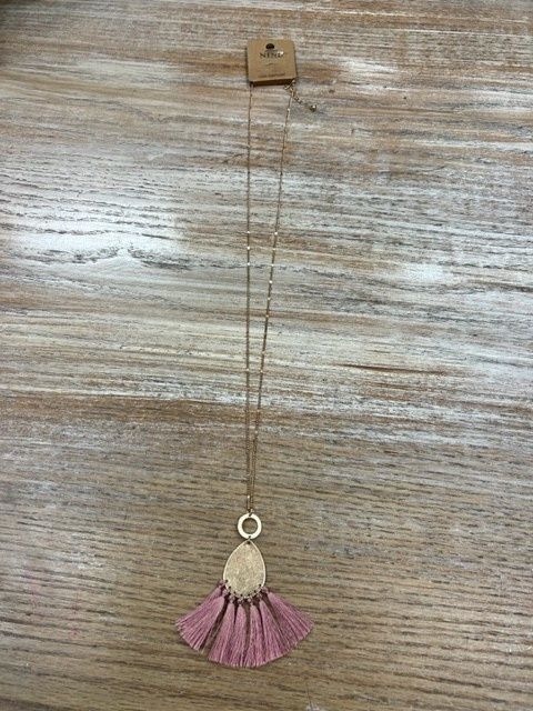 Long Gold Pendant Mauve Tassels