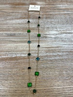 Long Gold Necklace w/ Multi Green Gems