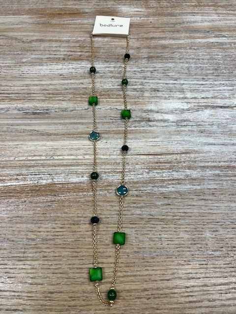 Long Gold Necklace w/ Multi Green Gems
