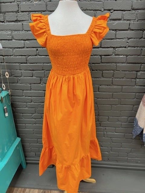 Keya Orange Smocked Maxi Dress, Size: Small