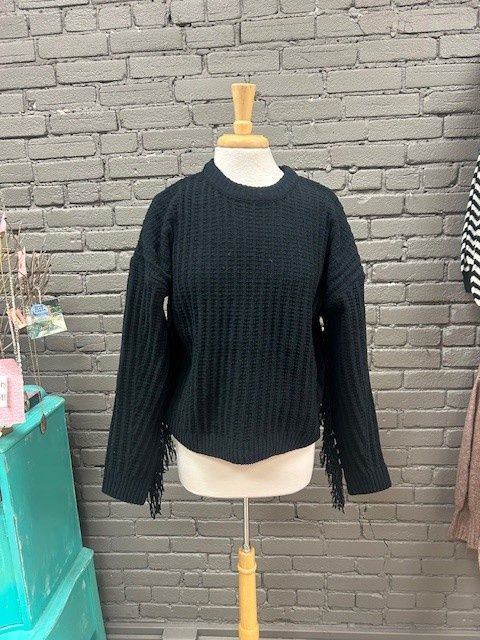 Everly Fringe Black Sweater Top, Size: Small