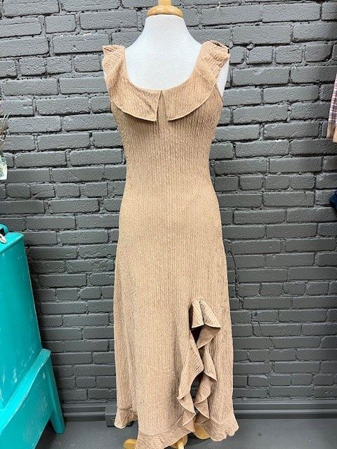 Madeline Beige Textured Ruffle Slit Midi Dress, Size: Small