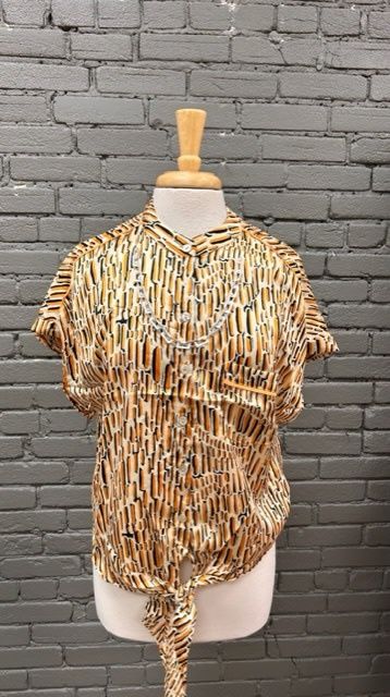 Juno Gold Pattern Tie Blouse, Size: Small