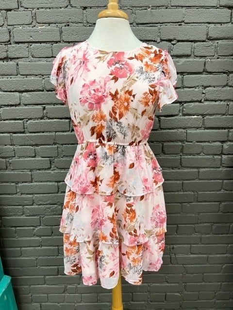 Tia Pink Floral Tiered Flutter Dress, Size: Small