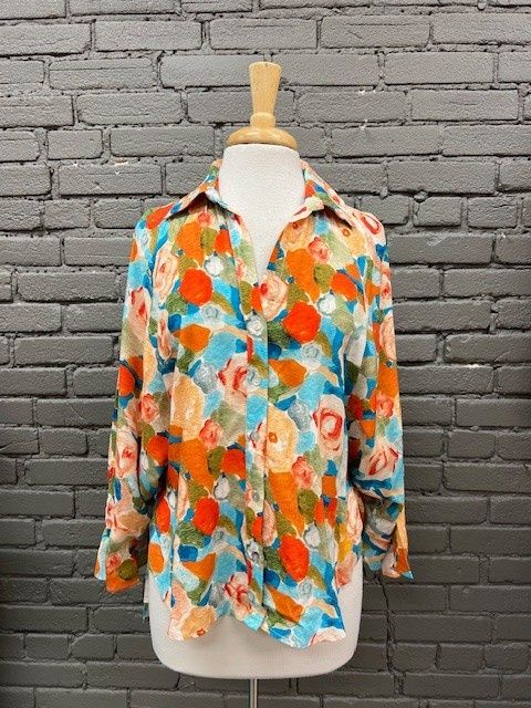 Lorie Orange Floral Ruffle HiLo Top, Size: Small