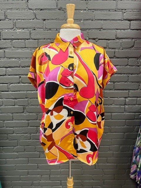 Emery Satin Print Button Top, Size: Small