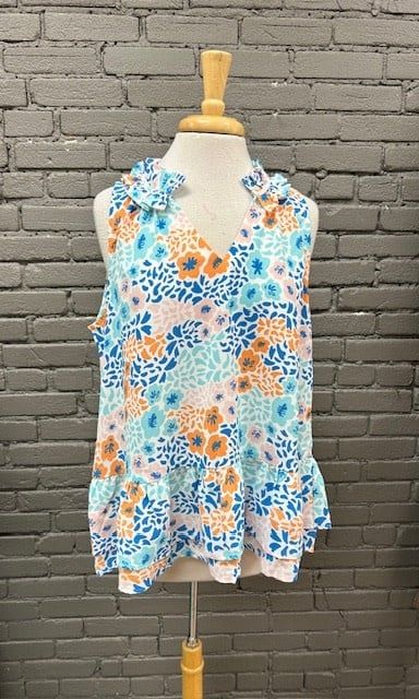 Jeanette Blue Floral Flounce Top, Size: Small
