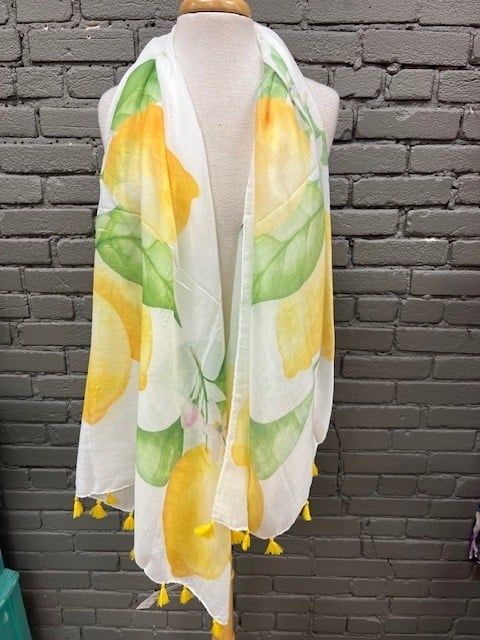 Yellow Blue  Printed Scarf w/ Tassels, Color: Lemon