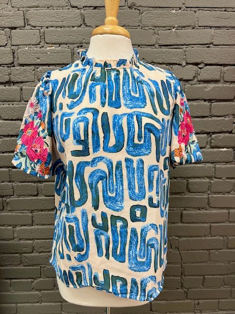 Jolie Embroid Sleeve Abstract Print Top