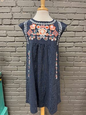 Linda Navy Pinstripe Embroid Dress