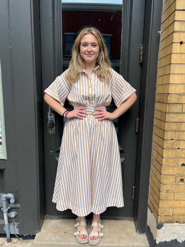 Eliza Taupe Ivory Button Smock Midi Dress