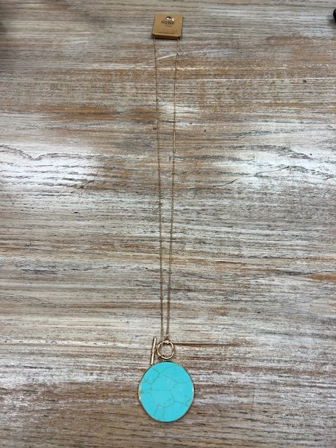 Long Gold Turq Circle Pendant Necklace