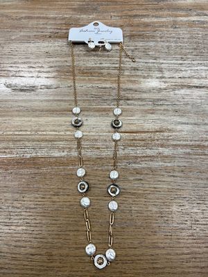 Long Gold Pearl Black Circle Necklace